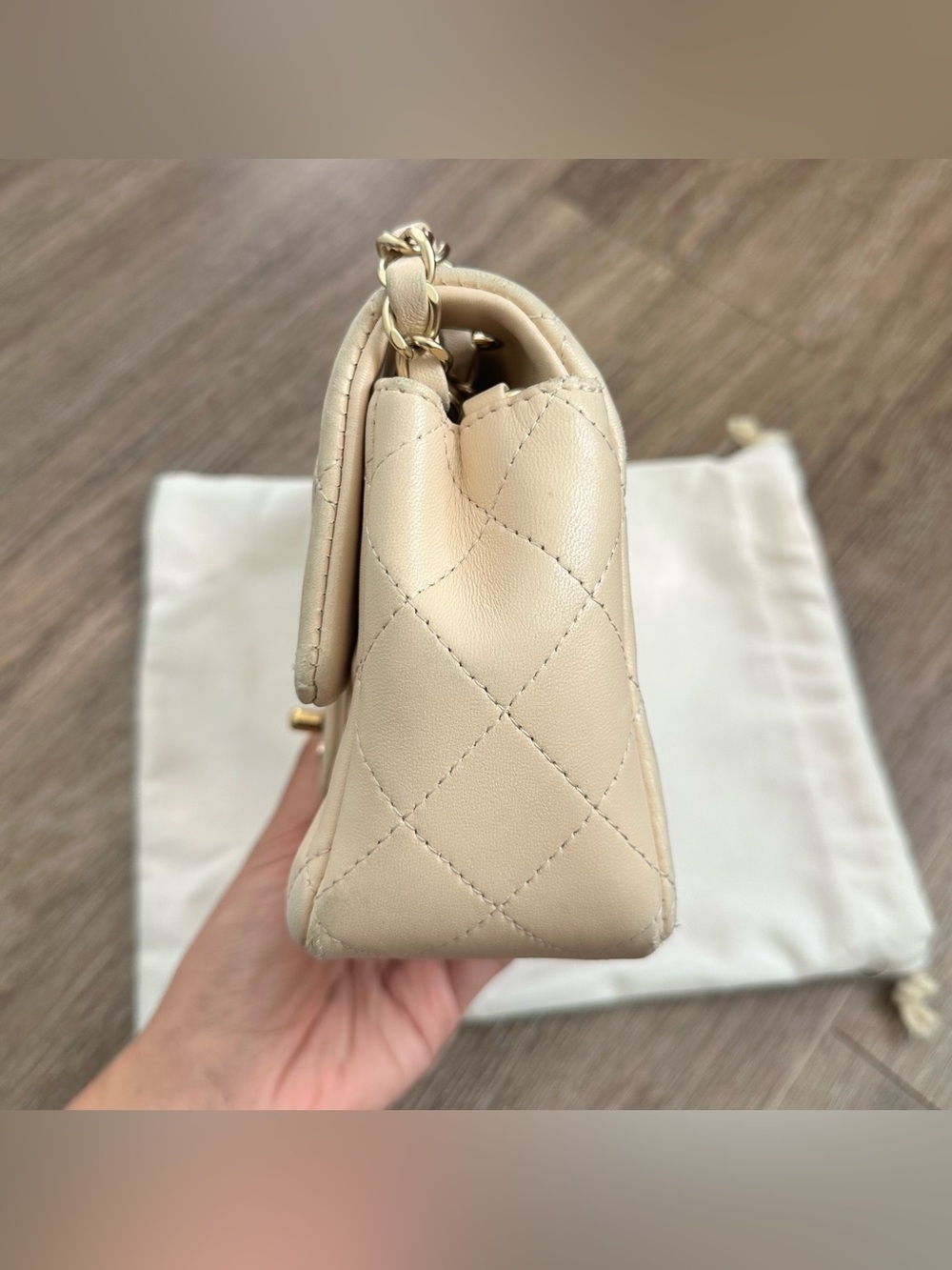 Chanel Rectangular Classic Mini Flap Bag Beige Lambskin Leather Gold Hardware - Picture 4 of 12